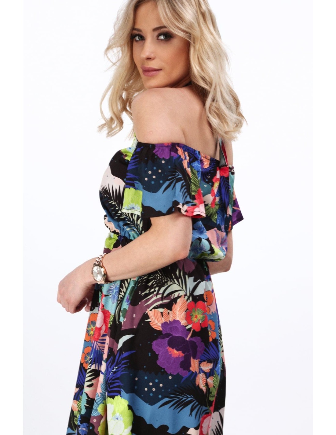 Rochie florala legata la gat, neagra MP60447 - Magazin online - Boutique